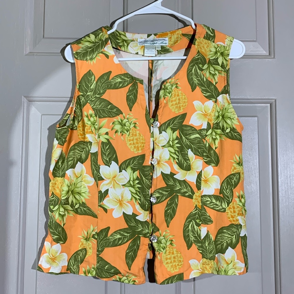 Pineapple Moon silk top sleeveless button up shirt orange large